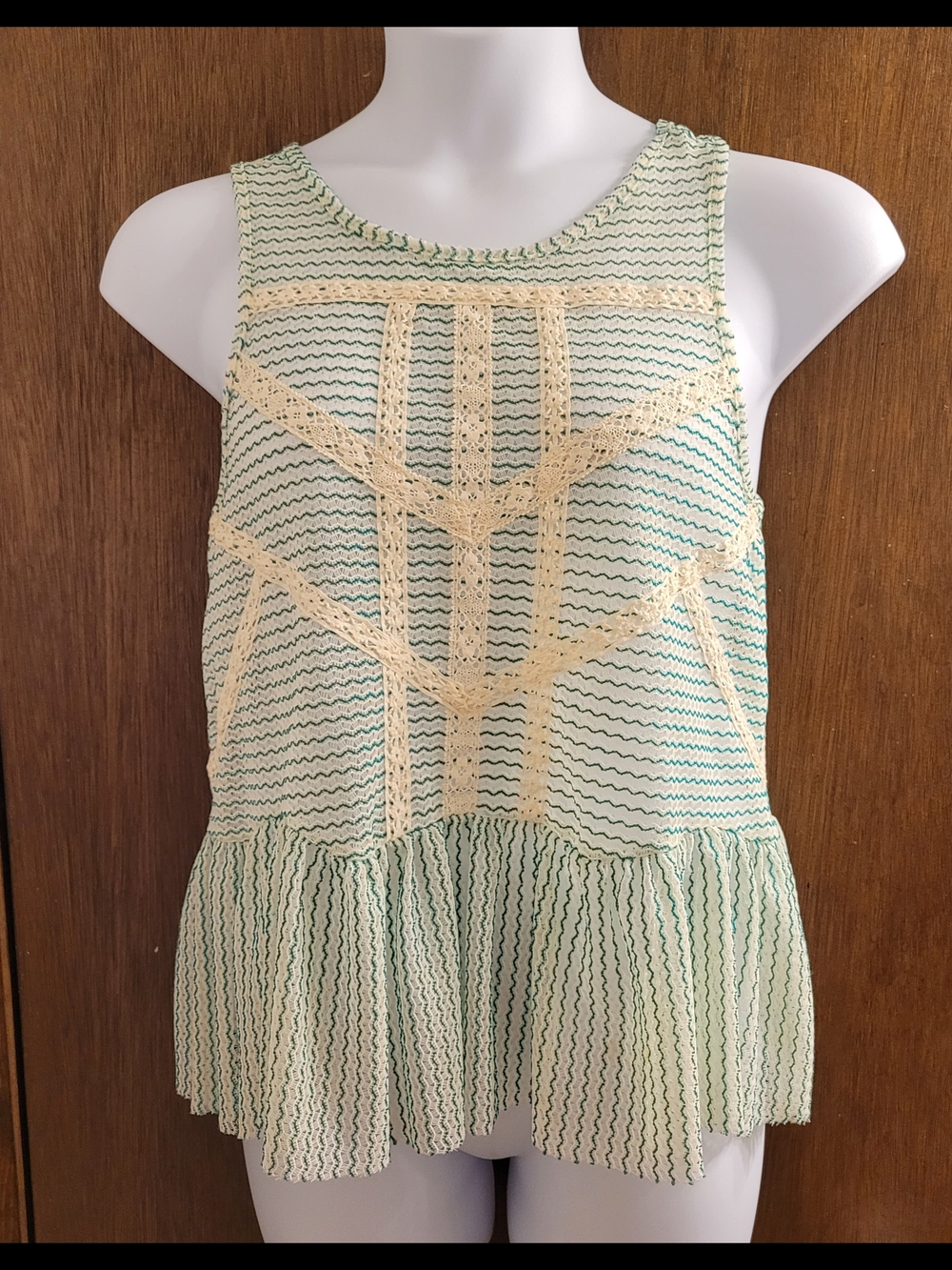 Free People Green Ivory Lace and Stripe Crochet Peplum Tank Top Women SZ Small